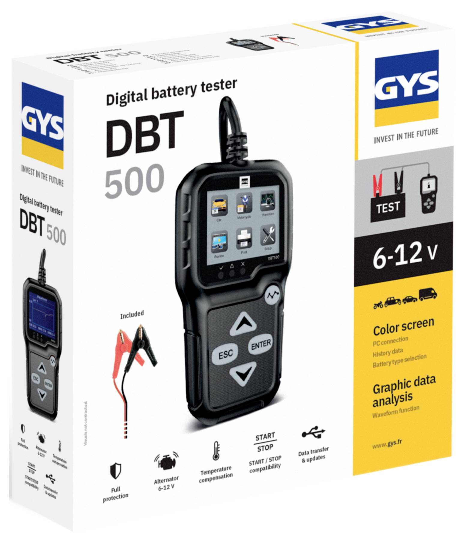 Produktbox für GYS DBT 500 digitales Batterietestgerät, zeigt ein tragbares Testgerät mit Farbbildschirm, Bereich 6–12 V und mitgelieferte Messleitungen.