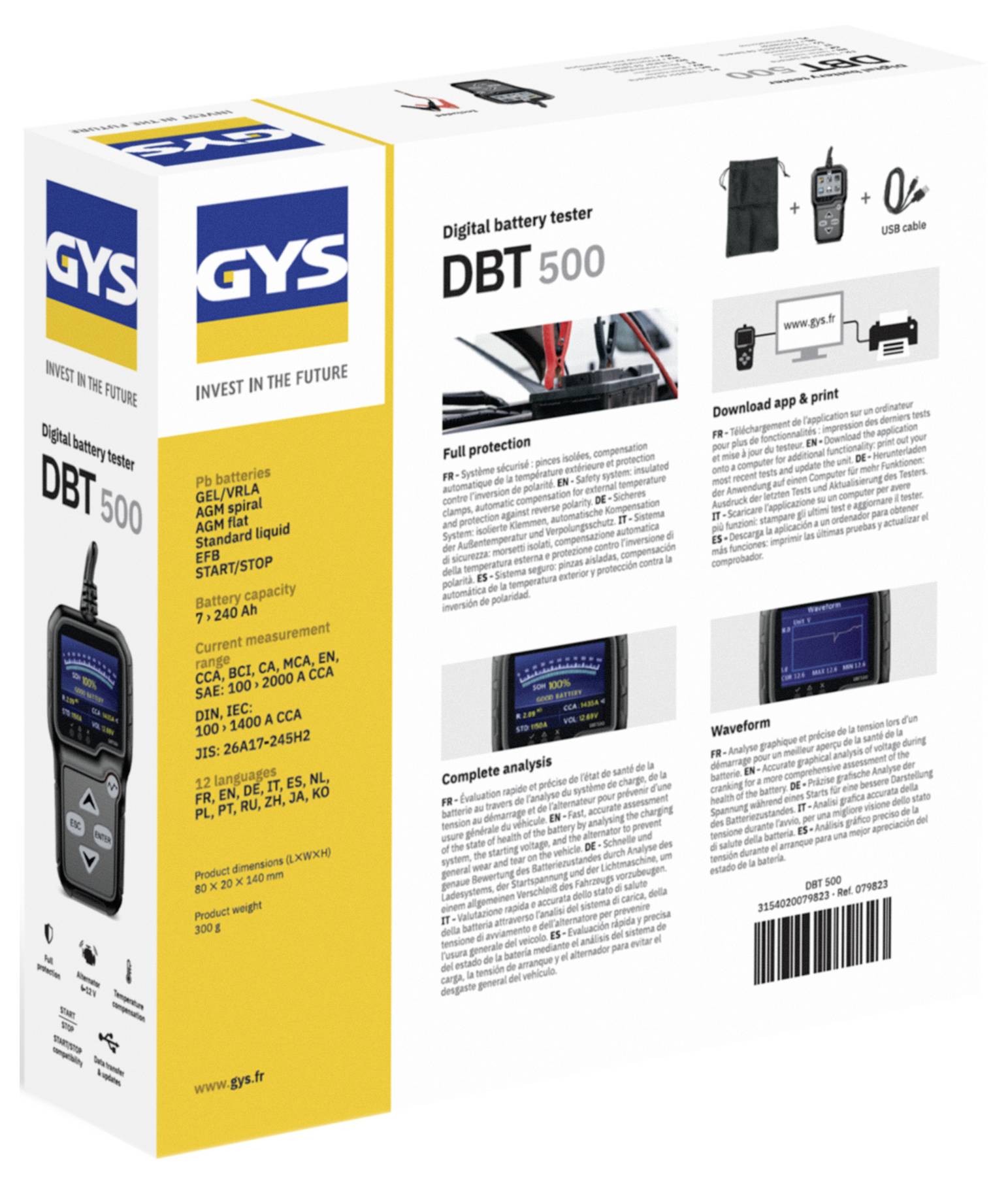 Schachtverpackung für GYS DBT 500 digitales Batterietestgerät, zeigt Geräteabbildung, Funktionen, App-/Druckkompatibilität und Barcode.