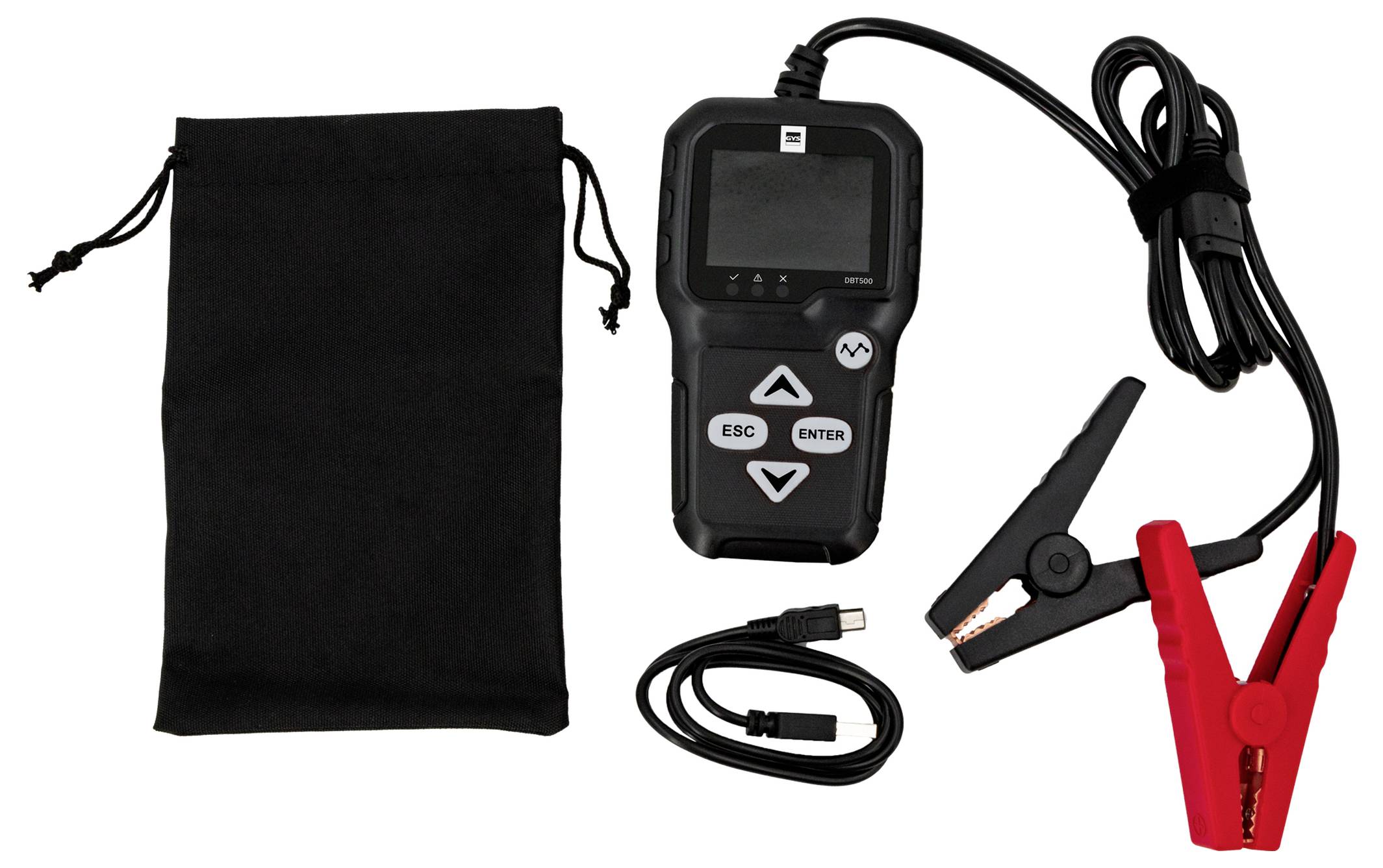 Tragbares elektronisches Testerset mit tragbarem Gerät, Kabel, Messleitungen mit Klemmen, USB-Kabel und schwarzem Beutel mit Zugband auf weißem Hintergrund.