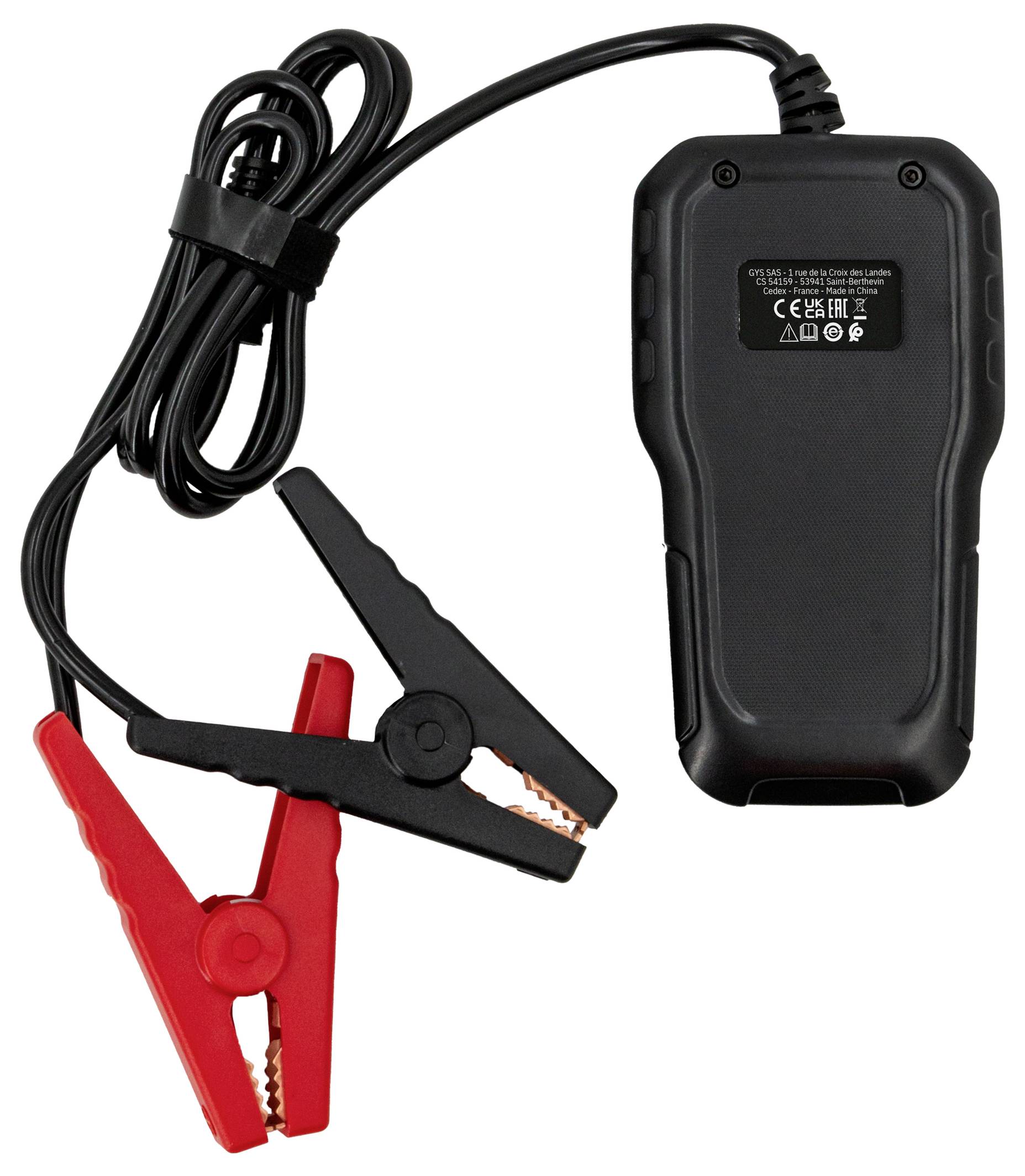 Schwarzes Batterieladegerät mit roten und schwarzen Krokodilklemmen, die durch ein Kabel verbunden sind.