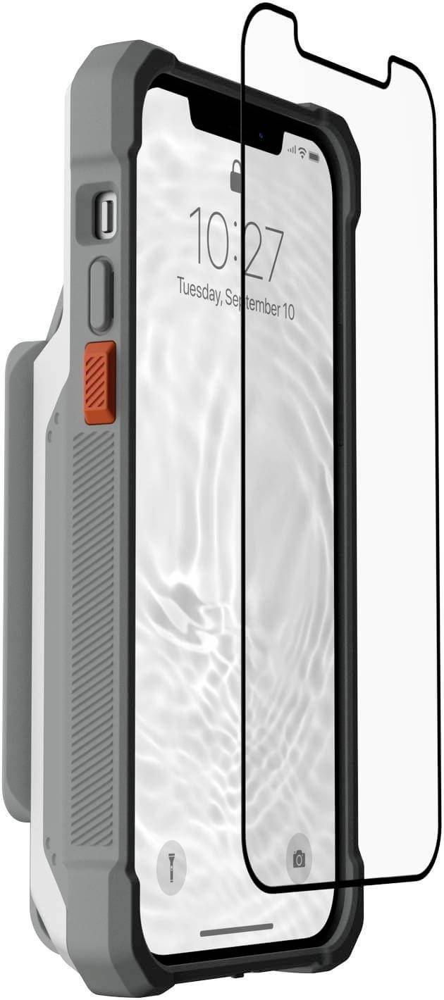 Smartphone mit grauer Schutzhülle und Displayschutz. Bildschirm zeigt Zeit 10:27 und Datum 'Dienstag, 10. September'.