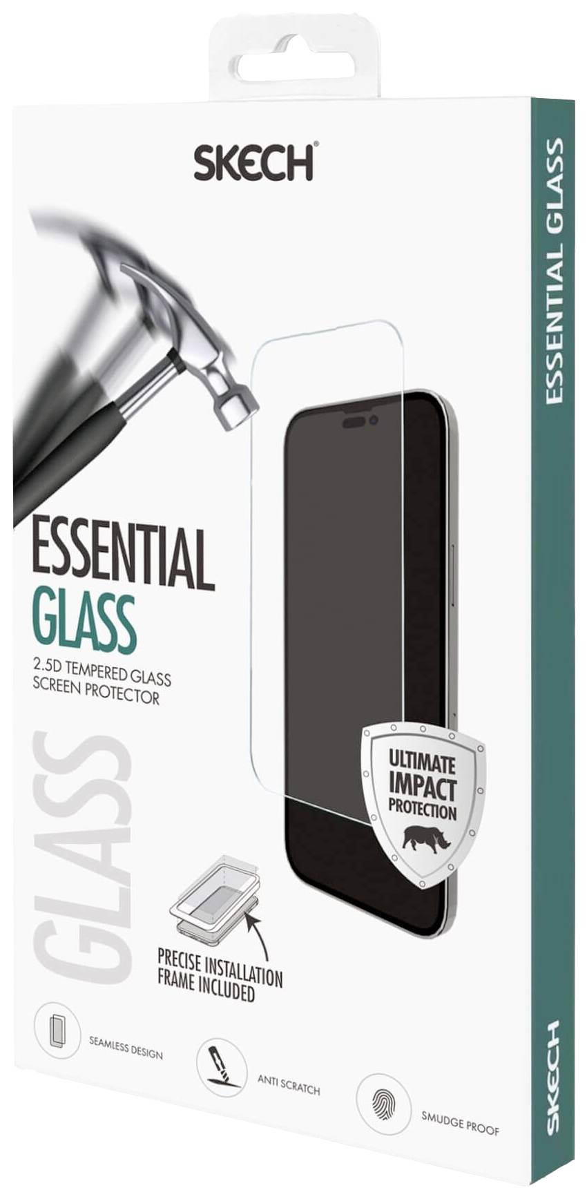 Verpackung einer Panzerglas-Schutzfolie für Smartphones. Enthält 2 Stück. Merkmale: nahtloses Design, kratzfest, einfache Installation.
