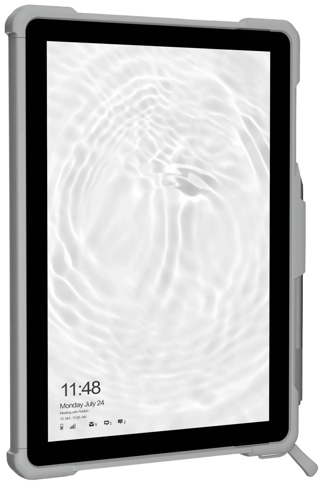 Ein Tablet mit grauem Schutzgehäuse. Der Bildschirm zeigt die Uhrzeit 11:48 und das Datum Montag, 24. Juli auf einem Wellendesign-Hintergrund.