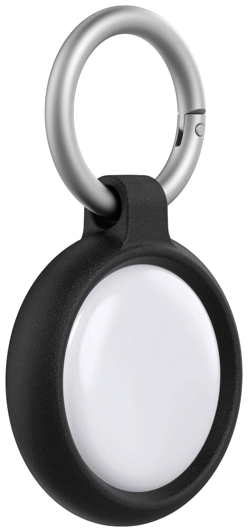 Ein runder, schwarzer Schlüsselanhänger mit einem großen, weißen Zentrum und einem silbernen Ringclip, der an beliebigen Gegenständen befestigt werden kann.