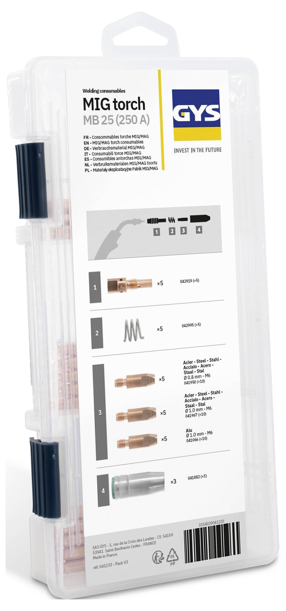 Paket von GYS MIG-Brenner MB 25 (250 A) Schweißverbrauchsmaterial, mit gekennzeichneten Teilen, Zubehör und Barcode auf einem durchsichtigen Kunststoffkoffer.