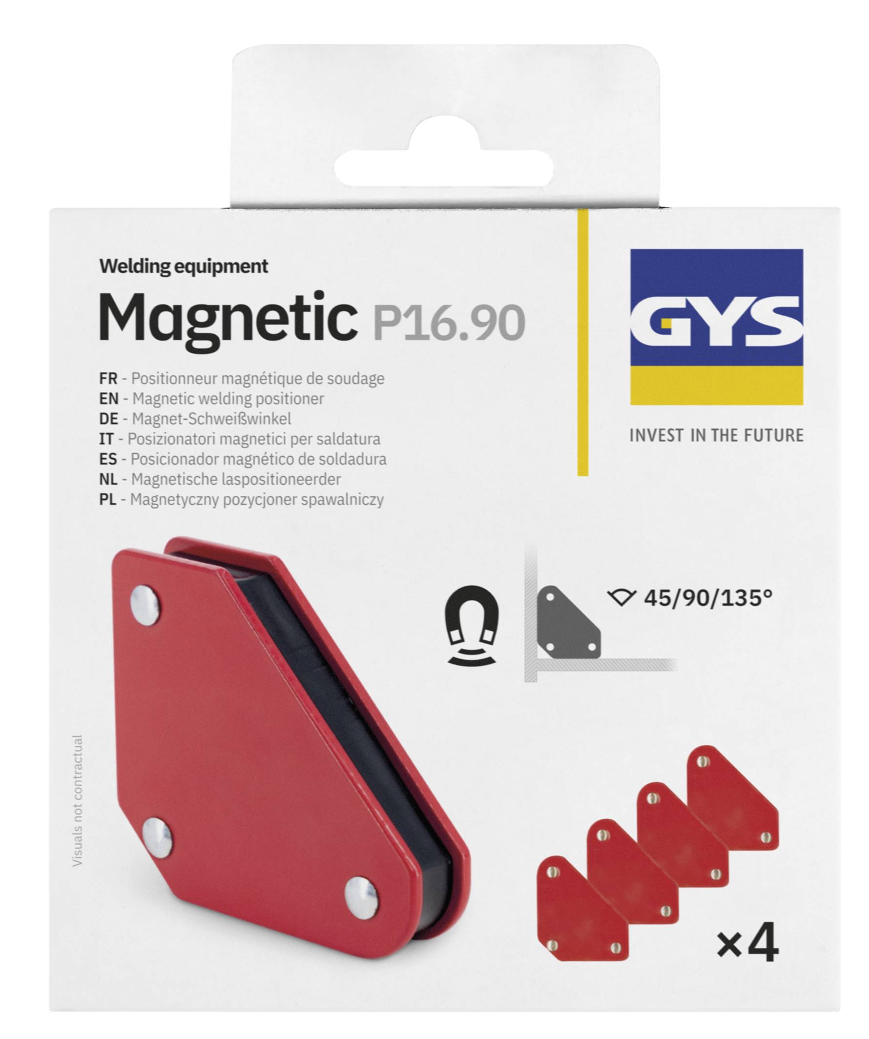 Paket für GYS Magnetic P16.90 Schweißausrüstung, zeigt vier rote Magnetwinkelversteller mit verstellbaren Positionen von 45/90/135°.