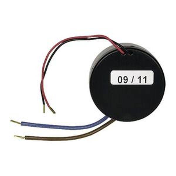 Schwarzer zylindrischer Umschalter mit rot, blau und braun isolierten Drähten, Etikett mit der Aufschrift '09/11' auf der Seite.