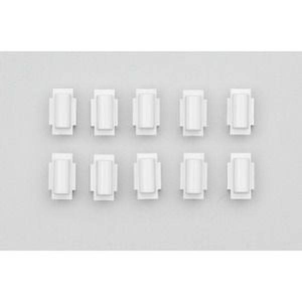 Zehn weiße, rechteckige Objekte, symmetrisch in zwei Reihen angeordnet, auf grauem Hintergrund.