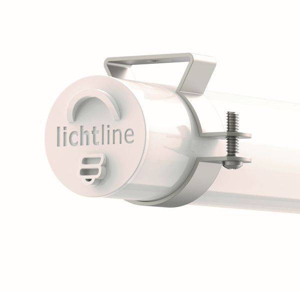Leuchtstoffröhre mit der Aufschrift 'lichtline', montiert mit Metallhalterung.