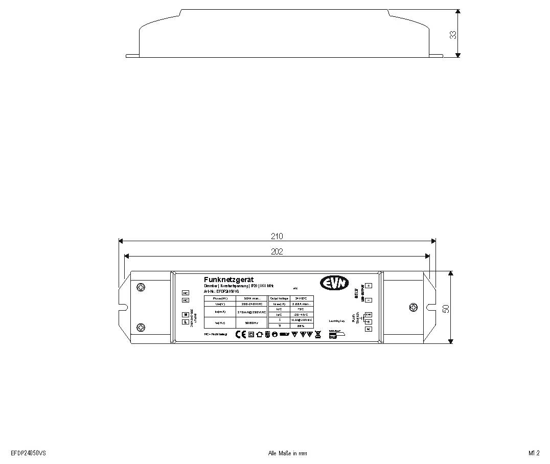 Technische Zeichnung eines rechteckigen Radiogeräts mit Draufsicht und Vorderansicht mit Abmessungen von 210 mm Länge, 50 mm Höhe und 33 mm Tiefe.