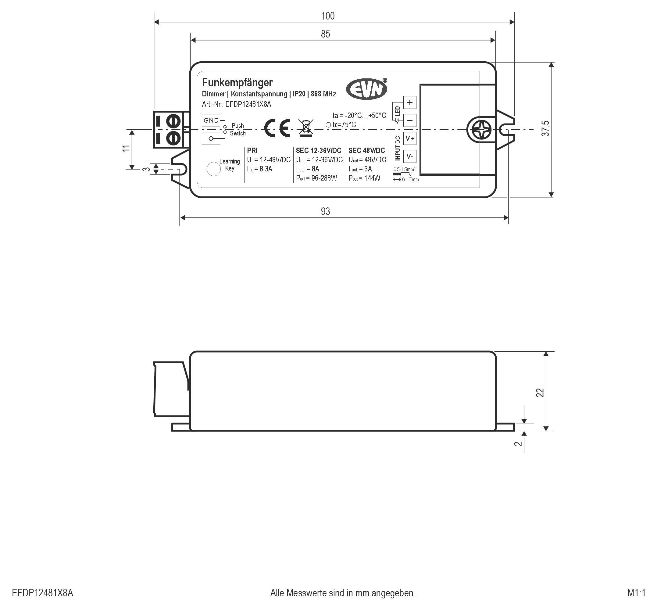 Eingebauter LED-Downlight mit weißer Blende und schwarzem Gehäuse, dargestellt mit separatem Treibermodul in der Vergrößerung.