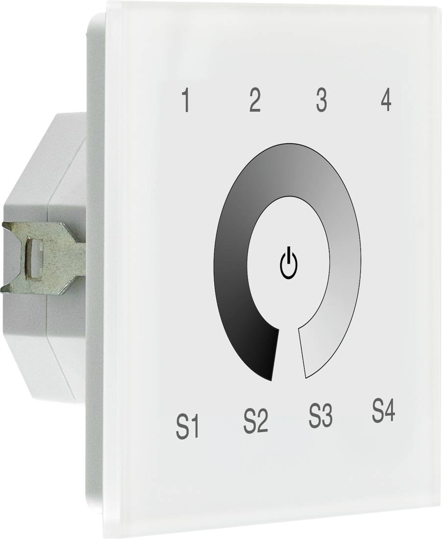 Wandmontiertes Touch-Switch-Panel mit Stromsymbol und vier beschrifteten Modi: 1-4 und S1-S4, dargestellt in einem weißen Rahmen.