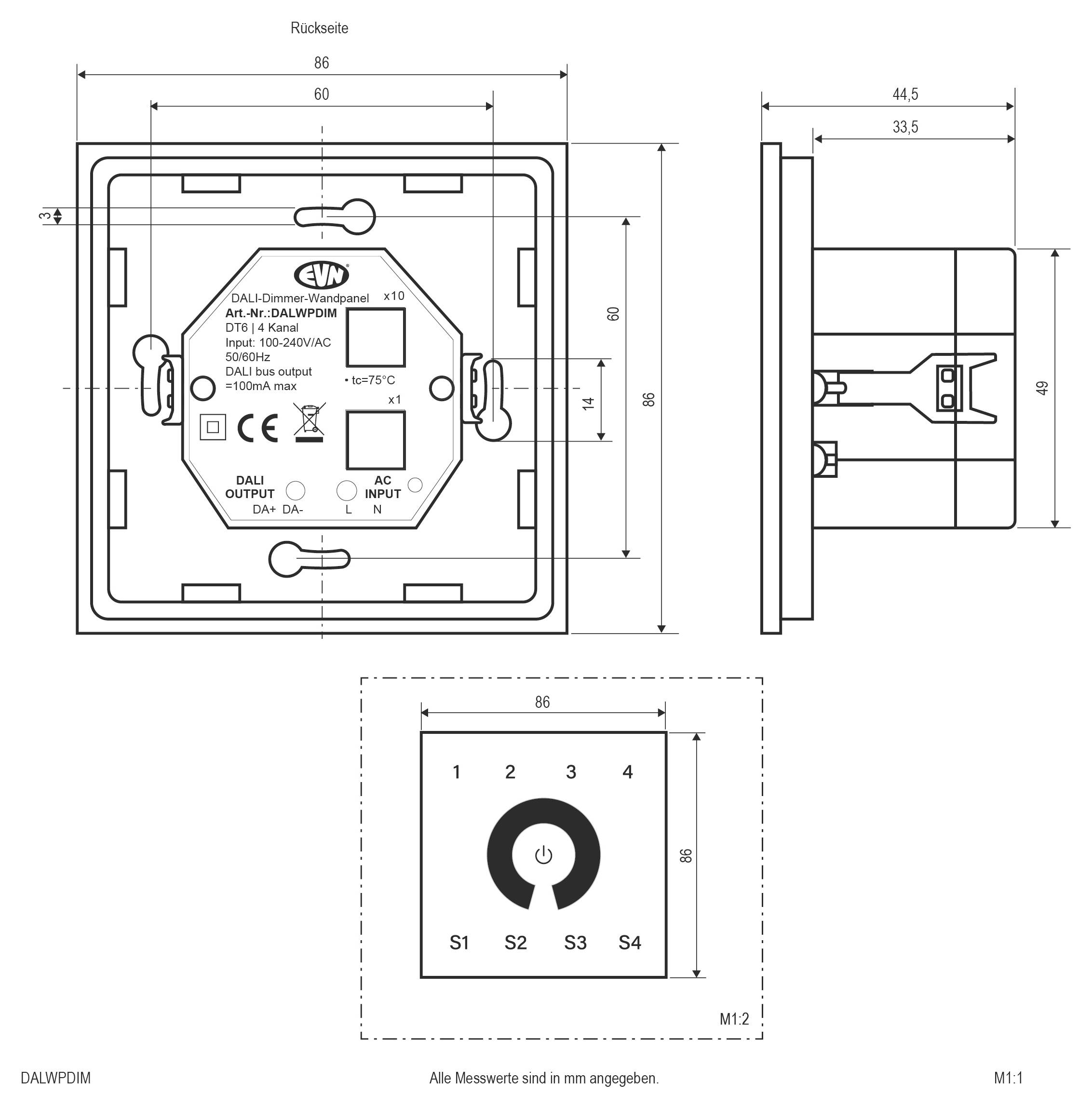 Technische Maßzeichnung eines DALIWPIDM-Wandpanels und Seitenansicht, sowie Frontsteuerfeld mit Stromschalter und S1-S4-Beschriftungen, alle gemessen in mm.