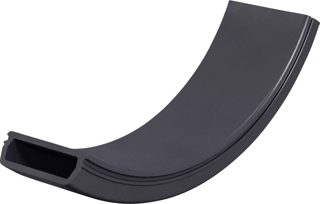 Schwarze gebogene Kunststoffrohr- oder Rohrbogenfitting auf weißem Hintergrund.
