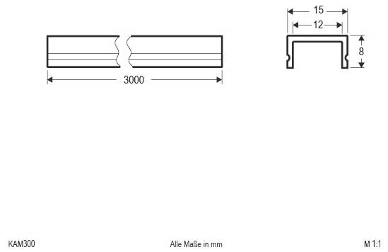 Technische Zeichnung eines 3000 mm langen Bauteils mit einer zentralen Unterbrechung und einem U-förmigen Querschnitt mit den Bezeichnungen 15, 12 und 8 mm; Maßstab 1:1.