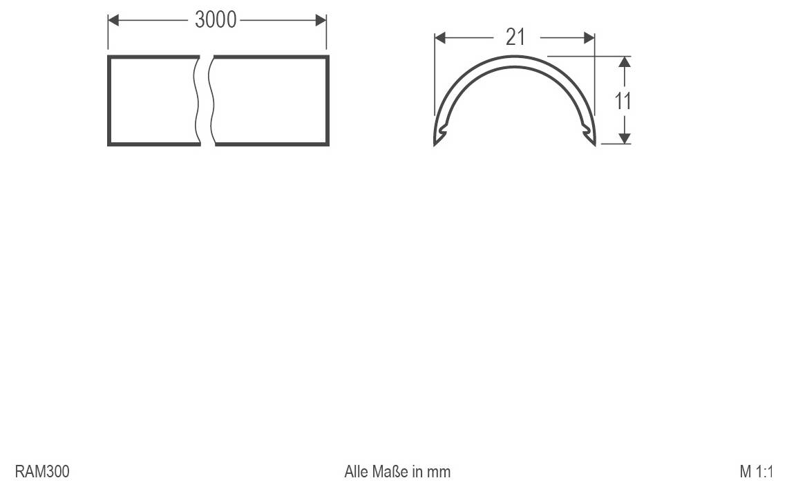 Technisches Diagramm eines gekrümmten Metallprofils mit Abmessungen in Millimetern: 3000 lange flache Abschnitt und Querschnitt 21 breit mal 11 hoch.