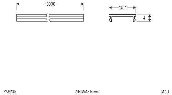 Technische Linienzeichnung eines 3000 mm langen Profils mit Querschnittsdimensionen von 15,1 mm Breite und 4 mm Höhe; alle Maße in mm.