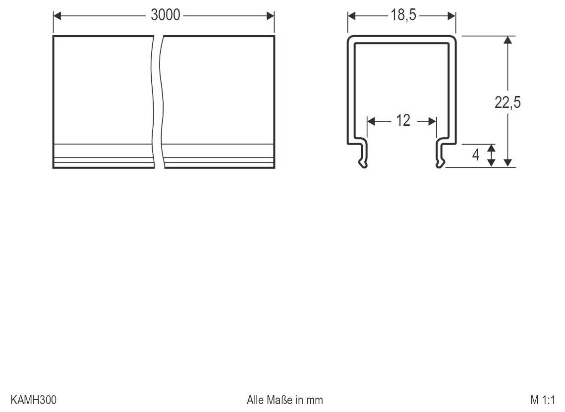 Technische Zeichnung eines gespaltenen Metallprofils, die eine Gesamtbreite von 3000 mm und Querschnittabmessungen von 18,5 mm Breite, 22,5 mm Höhe, 12 mm innerer Spalt und 4 mm Fuß zeigt.
