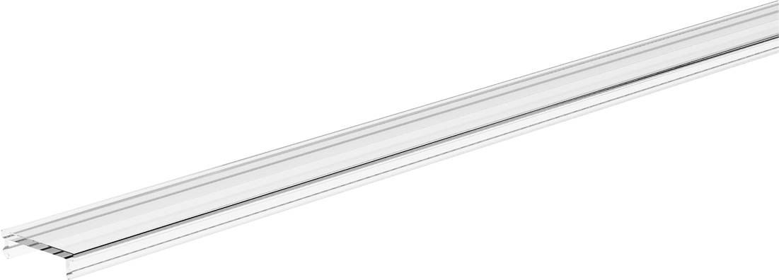 Langes weißes Metallprofil oder Schiene mit gestufter Kante, diagonal auf weißem Hintergrund dargestellt.