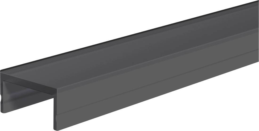 Dunkelgrauer U-förmiger Metallkanal-Träger in Perspektive auf weißem Hintergrund dargestellt.