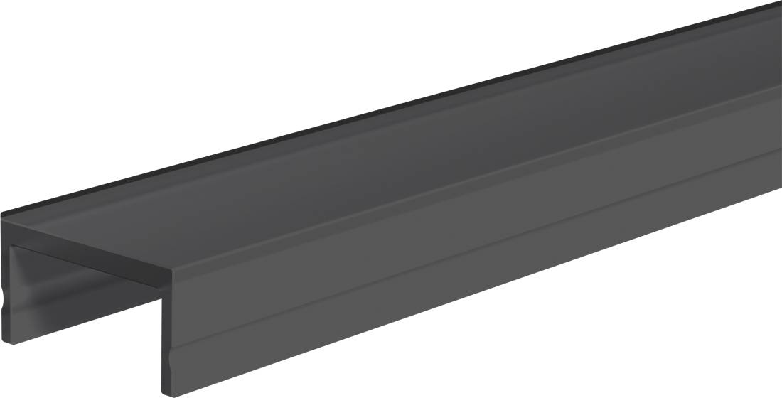 Dunkelgrauer Metallkanal-Träger oder Trimprofil in Perspektivansicht auf weißem Hintergrund.