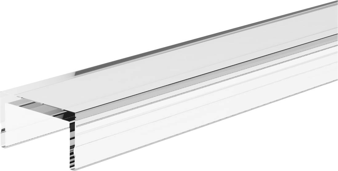 Nahaufnahme eines klaren Acryl- oder Glaskantenprofils mit poliertem Ende und reflektierender metallischer Oberkante auf weißem Hintergrund.