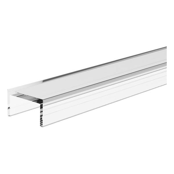 Transparenter Kunststoffprofilabschnitt in U-Form, meist zur Führung oder Einfassung von Platten oder Paneelen verwendet.