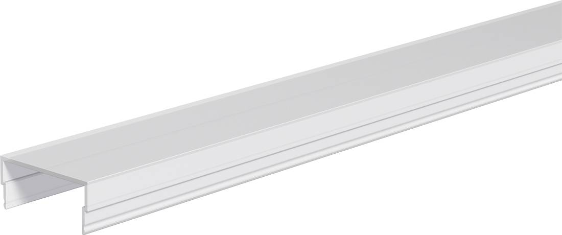 Nahaufnahme einer weißen Aluminiumprofil-Abschlusskante mit geschlitztem Rand, dargestellt auf einfachem Hintergrund.