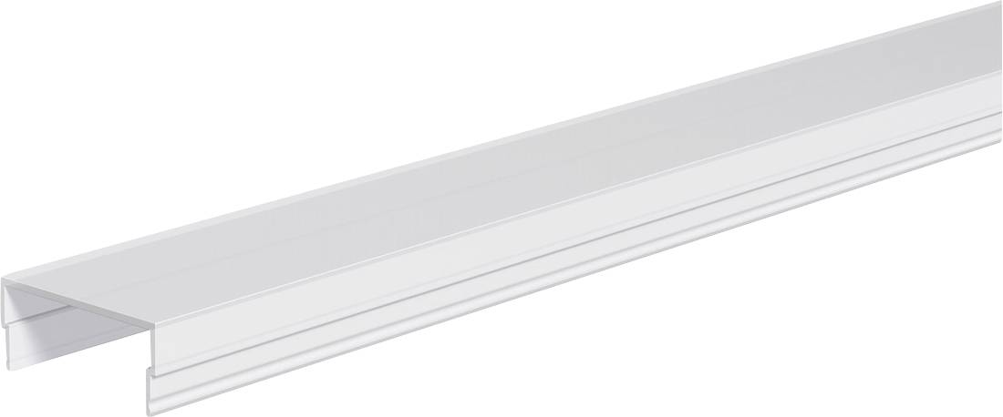 Weißes Aluminiumprofil oder Trimprofil in Perspektive auf neutralem Hintergrund mit langem U-förmigem Querschnitt.