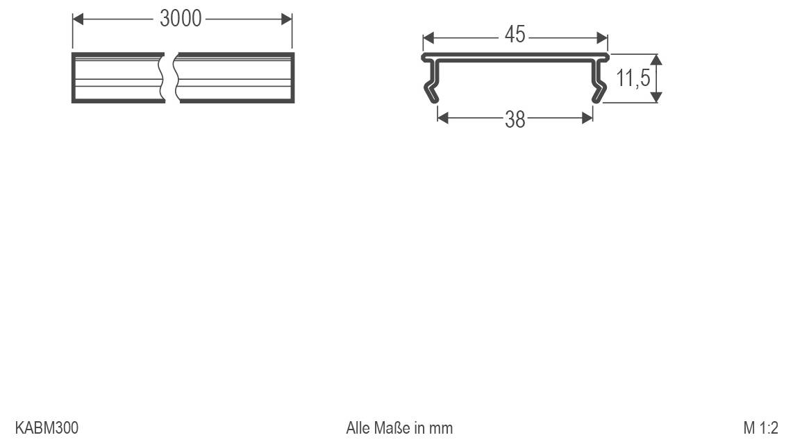 Technische Zeichnung eines Metallprofils: Gesamtlänge 3000 mm, Querschnitt 45 mm breit, 38 mm innere Breite, 11,5 mm Höhe, alle Abmessungen in mm.