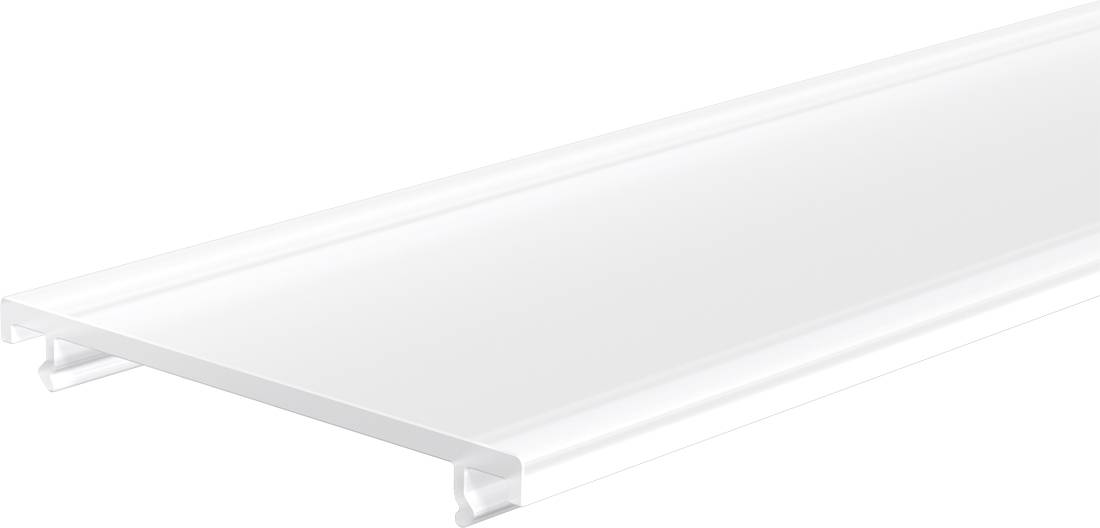 Transluzentes weißes Polycarbonat-Dachdeckungsblatt mit Doppelstegkanälen und verriegelbarem Randprofil, diagonal auf weißem Hintergrund dargestellt.