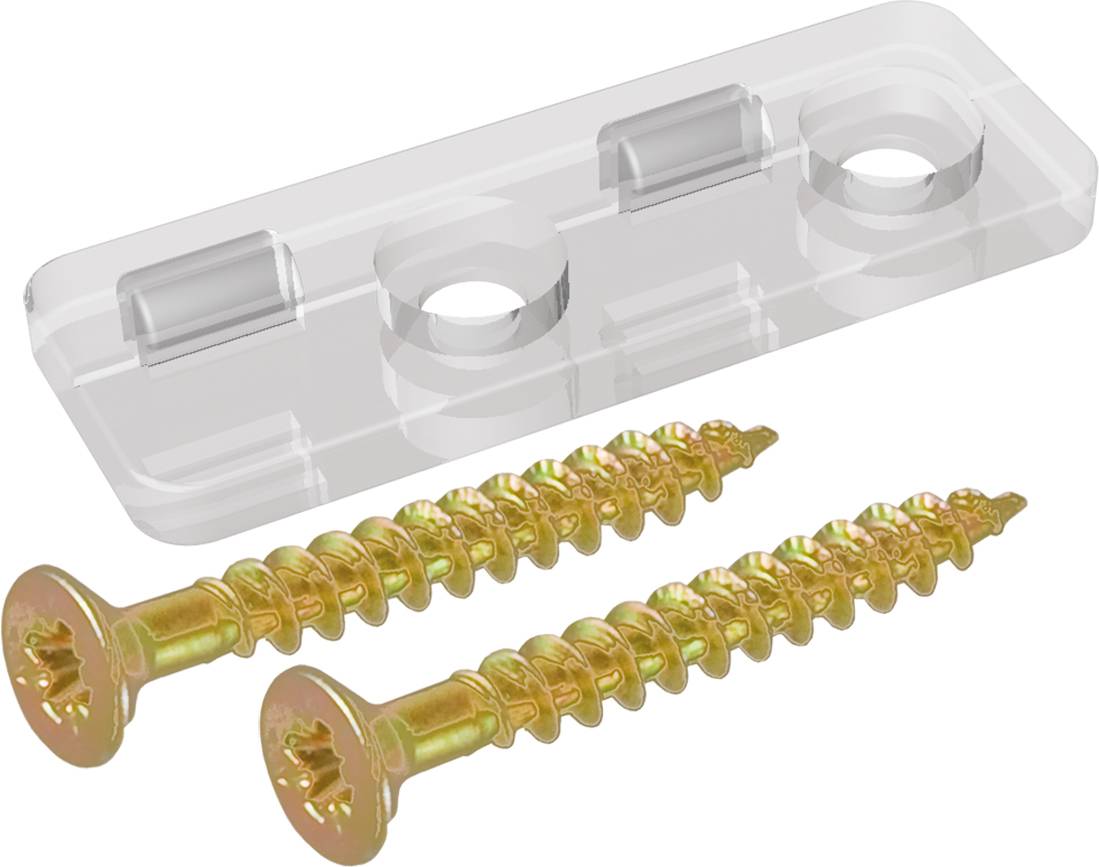 Zwei goldfarben Schrauben unterhalb einer durchsichtigen Kunststoffbefestigung oder Abdeckung mit zwei kreisförmigen Öffnungen, dargestellt auf weißem Hintergrund.