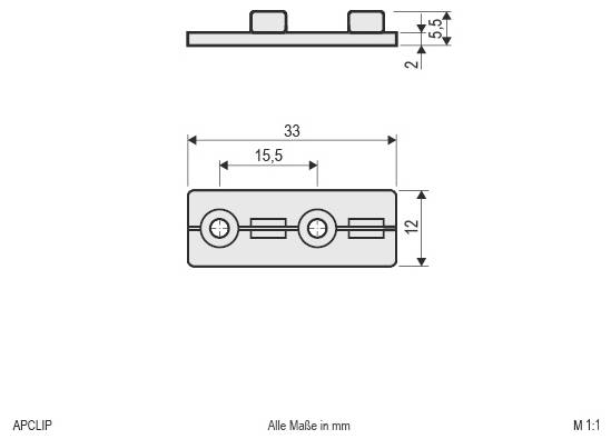 Technische Maßstabzeichnung eines kleinen rechteckigen Clips mit Draufsicht und Seitenansicht mit Abmessungen in Millimetern: 33 mm Länge, 12 mm Breite, 5,5 mm Höhe.