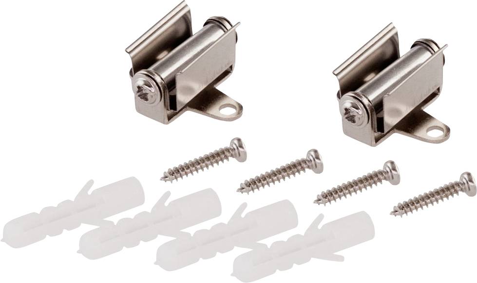 Zwei Metallfedern belastete Scharniere mit vier Schrauben und sechs Kunststoff-Wanddübel auf weißem Hintergrund.