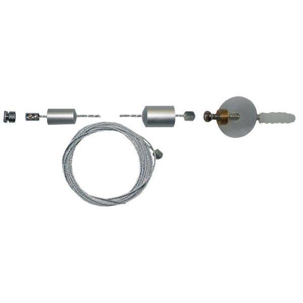 Einzelteile eines Sicherheitsschlosses: Drahtseil, Zylinder, Schrauben, und Schlüssellochabdeckung aus Metall in Reihe angeordnet.