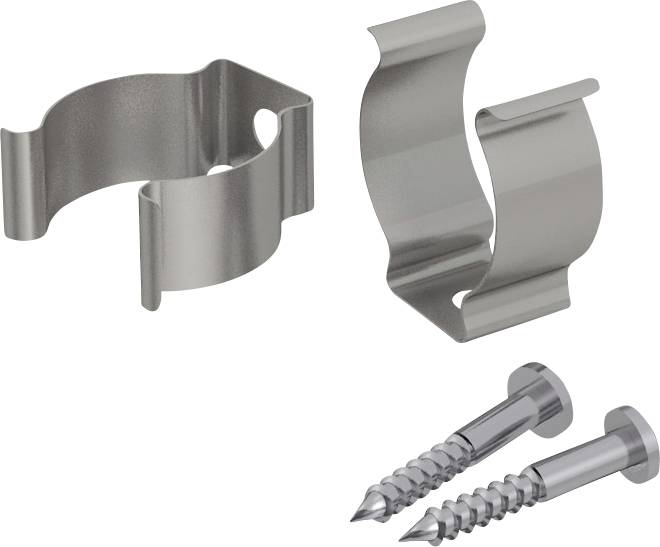 Zwei Metallkabelclips und zwei passende Schrauben zum Befestigen von Kabeln oder Drähten an einer Oberfläche.