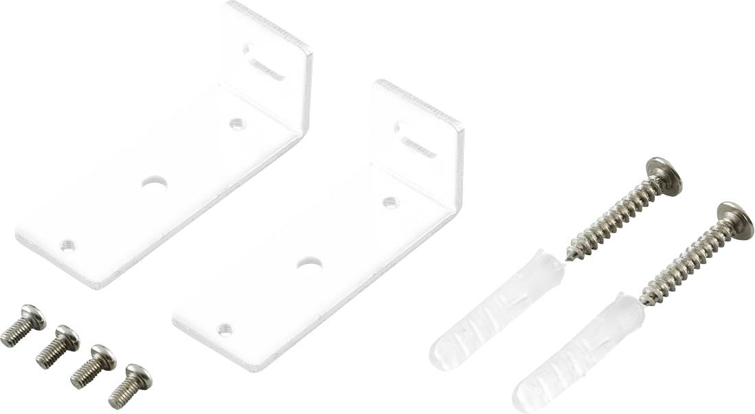 Montagehardware-Set mit zwei weißen Eckbefestigungen, vier kleinen Schrauben und zwei Wanddübeln mit langen Schrauben.