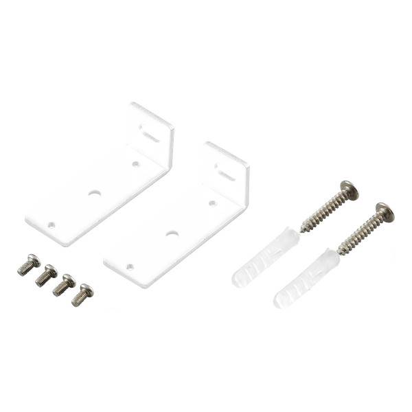 Zwei weiße L-förmige Halterungen mit je zwei Schrauben und Dübeln zur Wandmontage. Geeignet für die Befestigung von Regalen.
