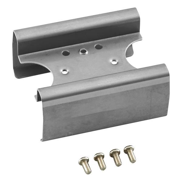 Metallhalterung mit vier Schrauben. Geeignet für die Wandmontage von Geräten oder Regalen.