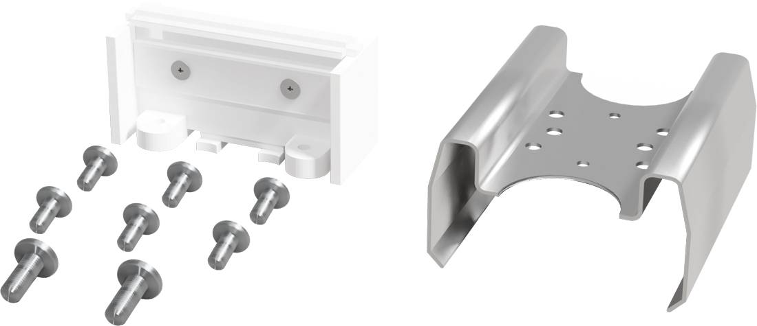 Hardware-Montageset mit einer weißen Wandhalterung und Schrauben auf der linken Seite und einer silbernen metallischen U-förmigen Halterung mit Löchern auf der rechten Seite.