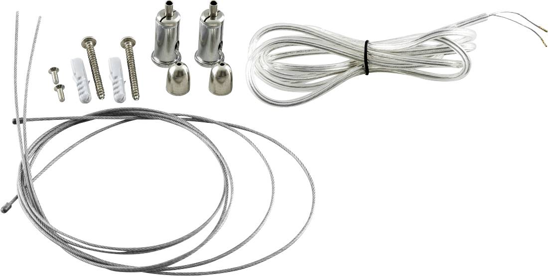 Sortierte Metallkabel, Schrauben und Beschläge zum Aufhängen oder Befestigen von Hardware, auf weißem Hintergrund dargestellt.