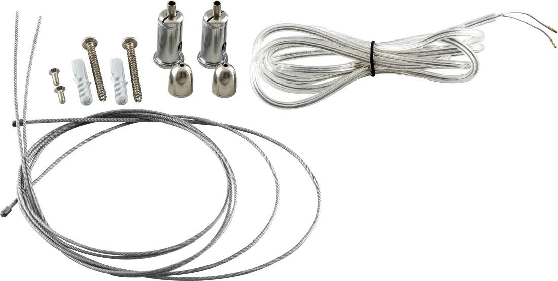 Sortiertes Kabelhardware-Set mit Metallkabeln, kleinen Schrauben, Ankern und verstellbaren Abstandshaltern auf weißem Hintergrund.