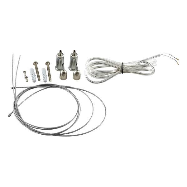 Ein Set bestehend aus Schrauben, Kabeln und Metallklemmen, vorgesehen für die Montage von Beleuchtungssystemen.