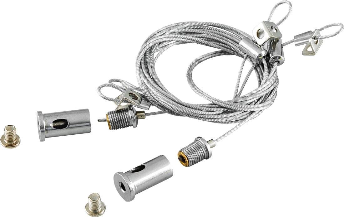 Aufgerolltes Edelstahl-Drahtseilset mit Metallkabelzangen, Endbeschlägen und Ankerschrauben auf weißem Hintergrund.