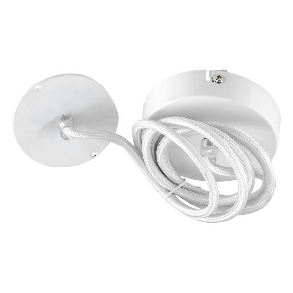 Eine weiße Deckenbefestigung mit geflochtenem Kabel, geeignet für die Montage eines Deckenleuchters oder einer Lampe.
