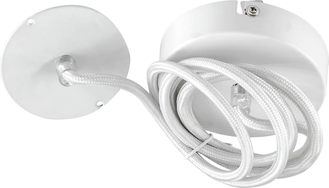 Weiße Deckenleuchte mit rundum Befestigung und aufgerolltem weißem Kabel, auf neutralem Hintergrund abgebildet.