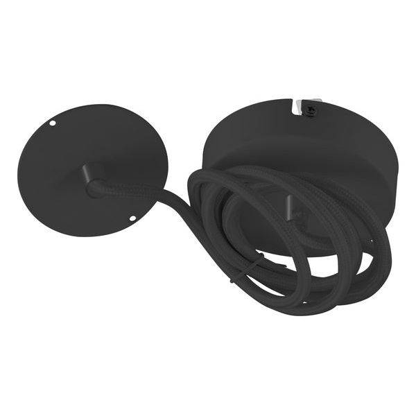 Schwarze, runde Deckenhalterung mit angeschlossenem, verwickeltem Kabel. Ideal für hängende Lampeninstallationen.