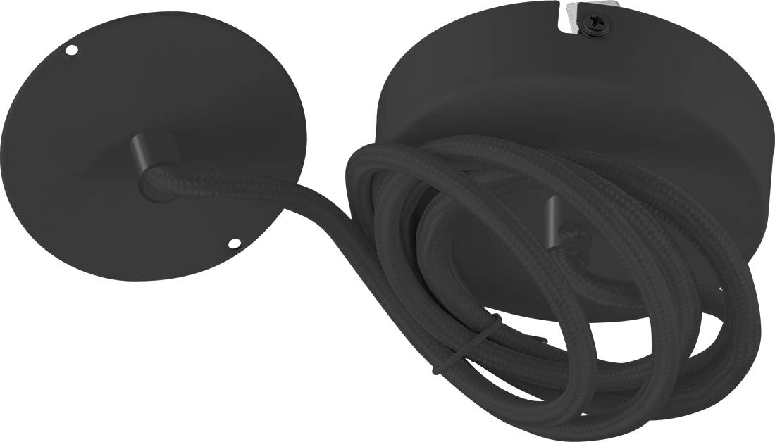 Schwarze an der Decke montierte Kabelüberdachung mit rundem Abdeckung und aufgewickeltem Kabel, dargestellt vor weißem Hintergrund.