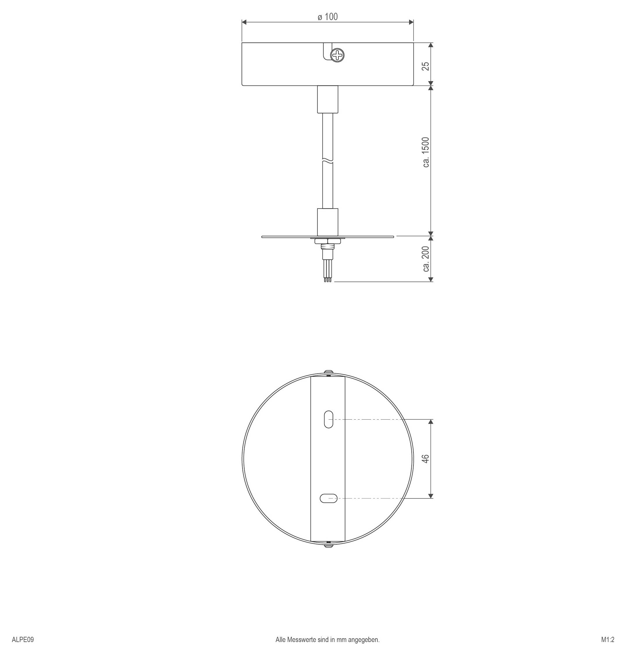 Technische Zeichnung einer deckenmontierten Leuchte mit rundem Sockel, verstellbarem Schaft und nach unten gerichteter Lampenleuchte, mit Vorder- und Draufsicht sowie Abmessungen.