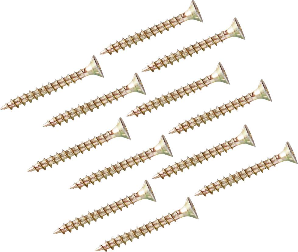 Mehrere goldfarbene Holzschrauben diagonal auf weißem Hintergrund angeordnet.